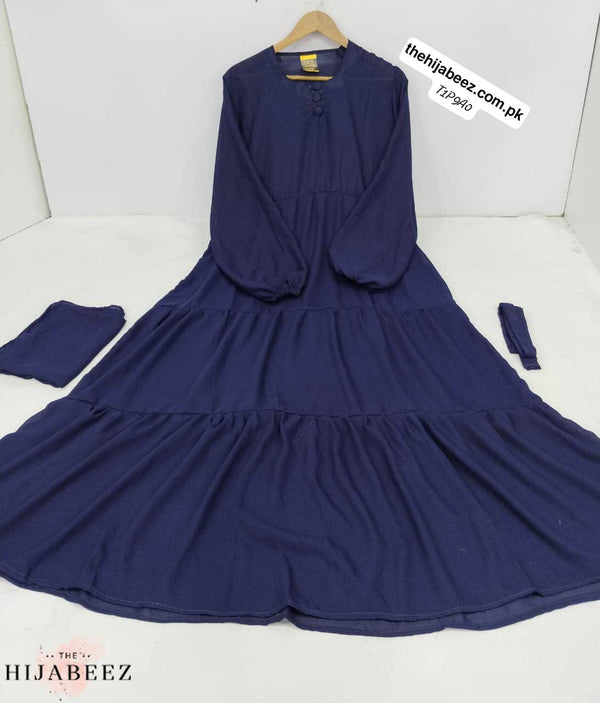 Artical 3 Frill Plated Abaya  - royal blue