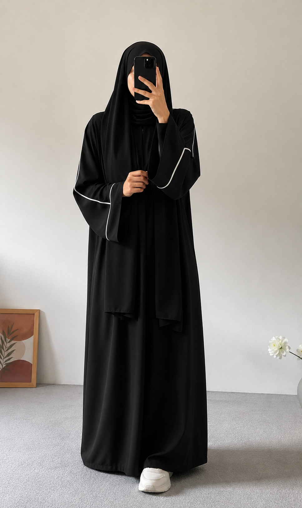PLAIN ABAYA WITH WHITE LINEA - BLACK
