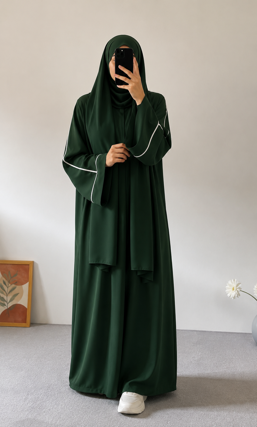 PLAIN ABAYA WITH WHITE LINEA - GREEN