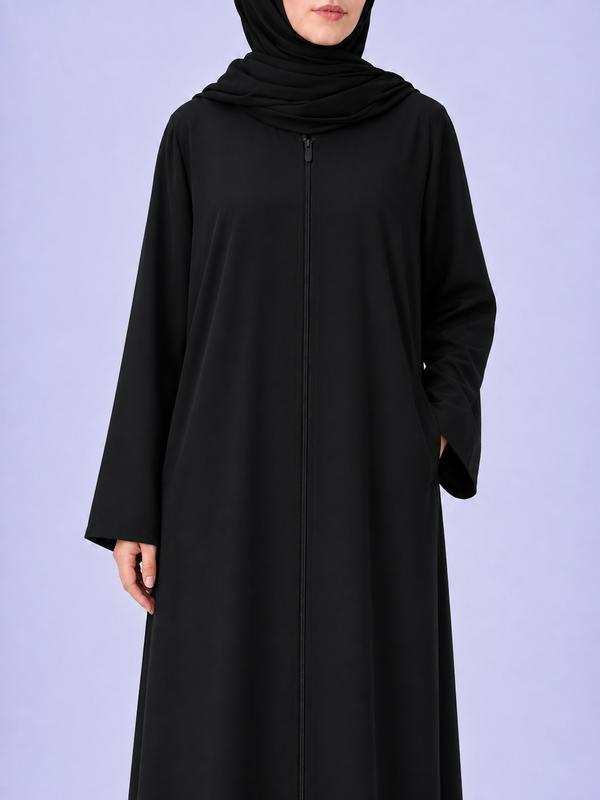 Plain Zip Abaya - Black