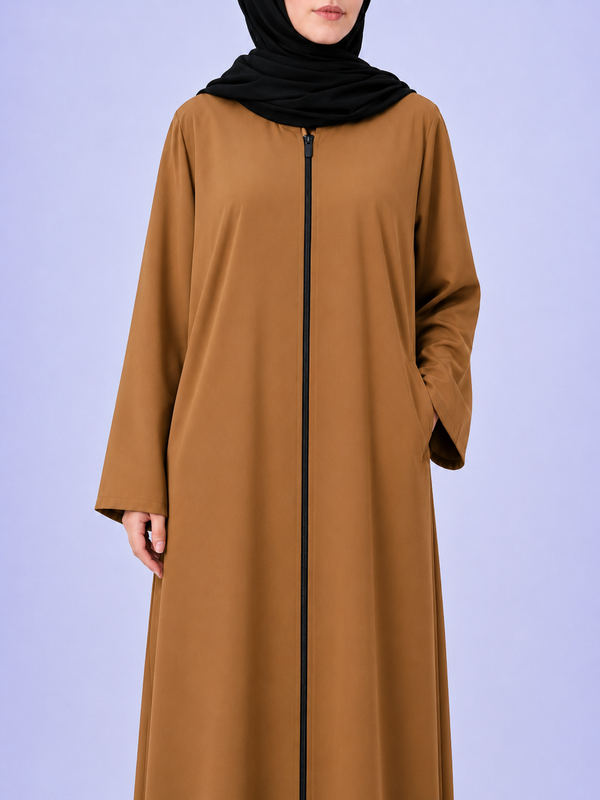 Plain Zip Abaya - Camel