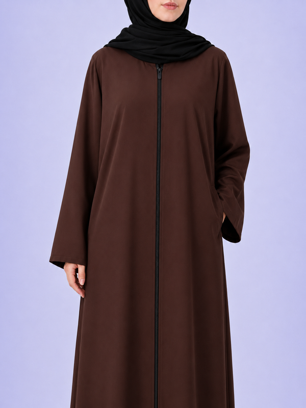 Plain Zip Abaya - Brown