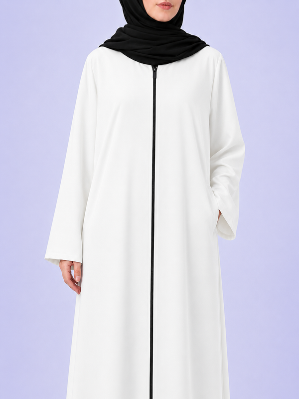 Plain Zip Abaya - White