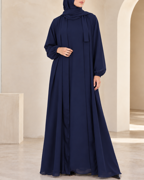 (4 piece)Inner Gown Abaya with scarf and belt -Navy blue