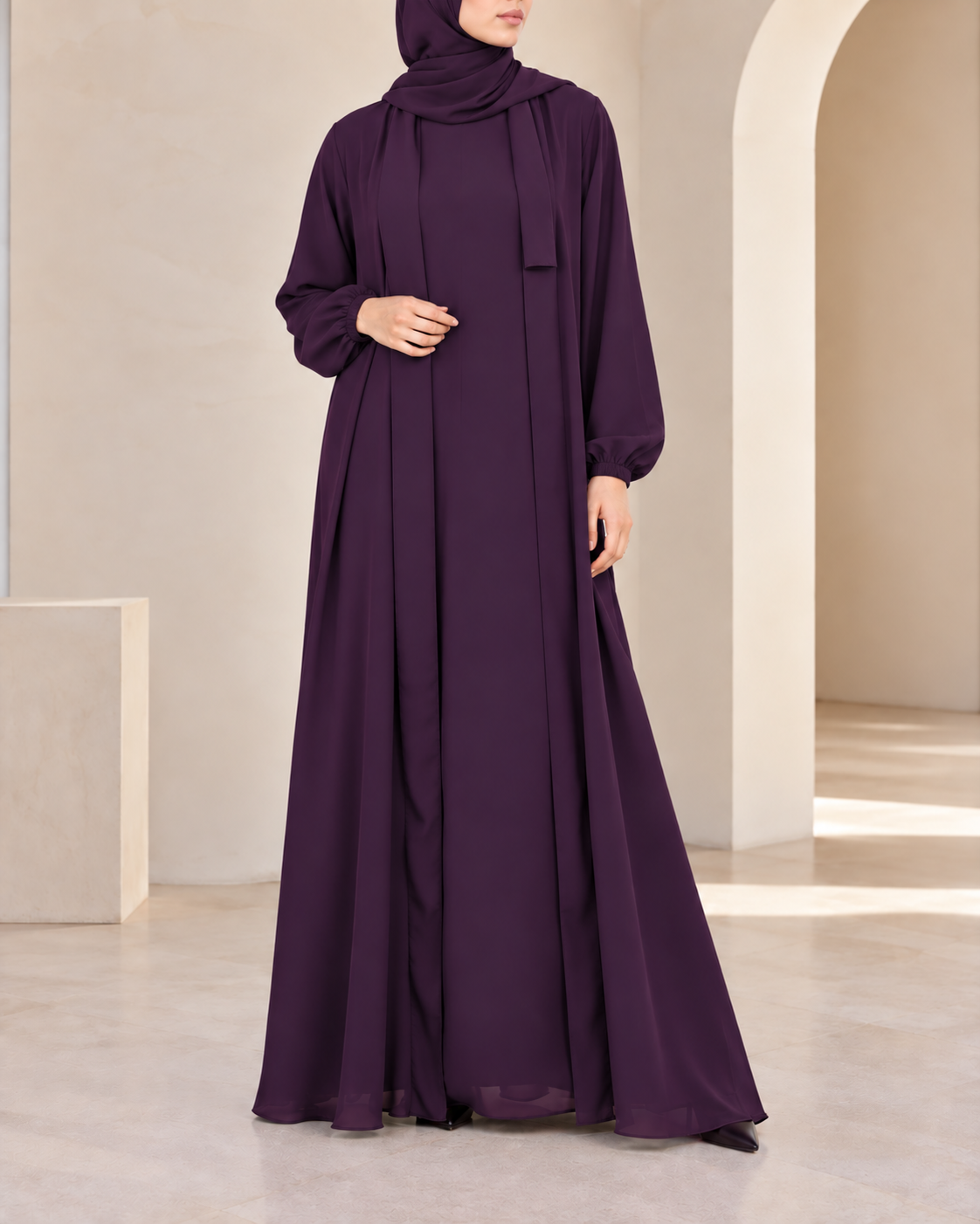 (4 piece)Inner Gown Abaya with scarf and belt -Purple