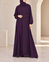 (4 piece)Inner Gown Abaya with scarf and belt -Purple