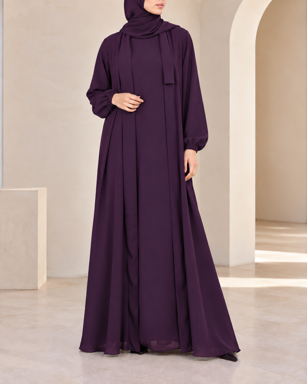 (4 piece)Inner Gown Abaya with scarf and belt -Purple