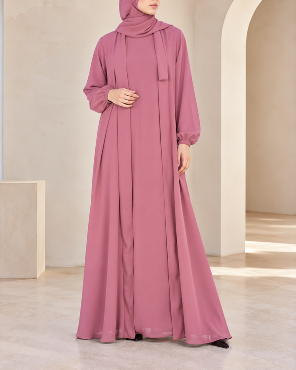 (4 piece)Inner Gown Abaya with scarf and belt -Tpink