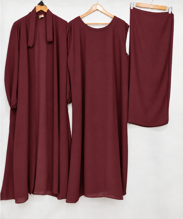 (4 piece)Inner Gown Abaya with scarf and belt - MEHROON