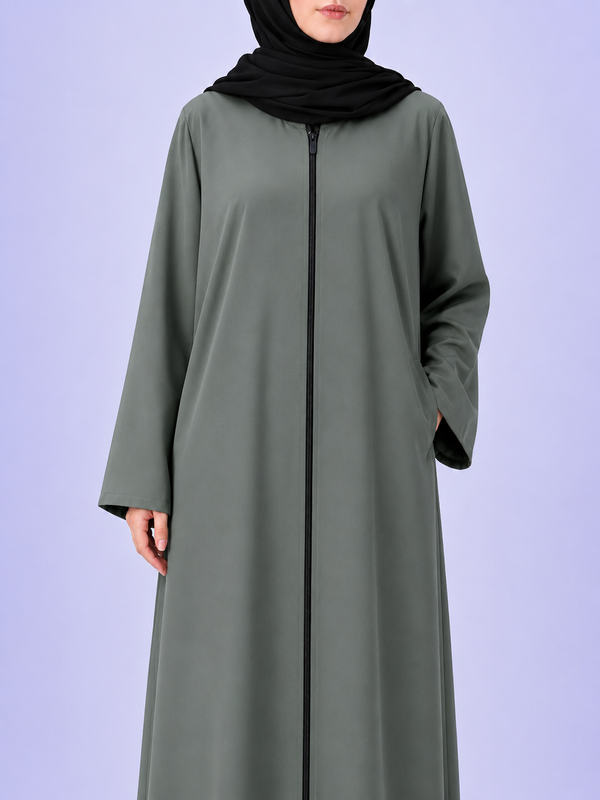 Plain Zip Abaya - Light Grey