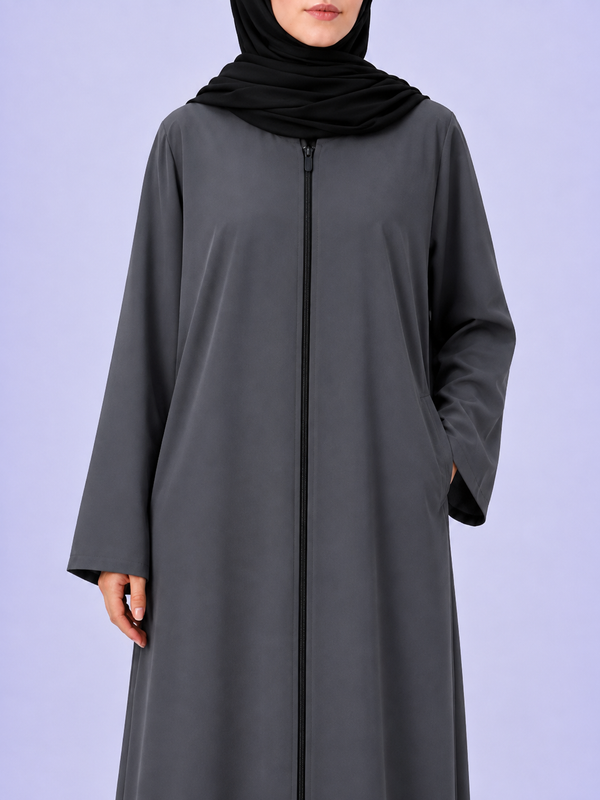 Plain Zip Abaya - Dark Grey