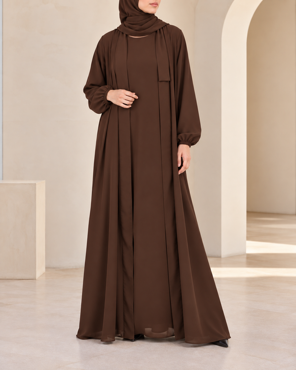 (4 piece)Inner Gown Abaya with scarf and belt -BROWN