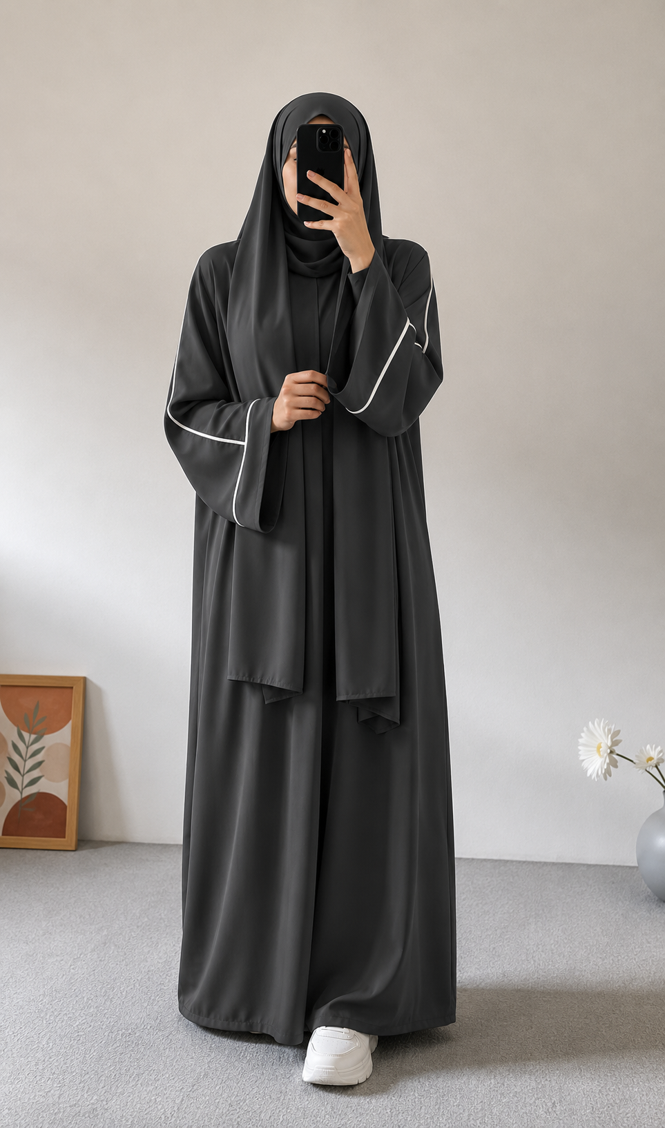 PLAIN ABAYA WITH WHITE LINEA - DARK GREY