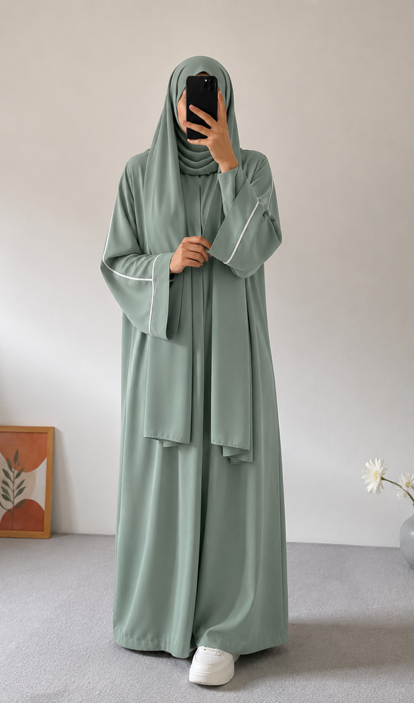 PLAIN ABAYA WITH WHITE LINEA - GREENISH GREY