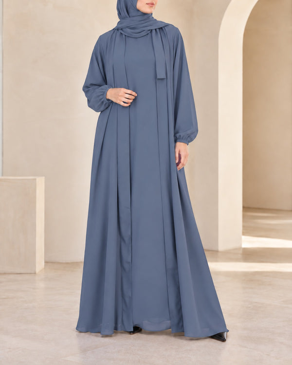 (4 piece)Inner Gown Abaya with scarf and belt -Grey
