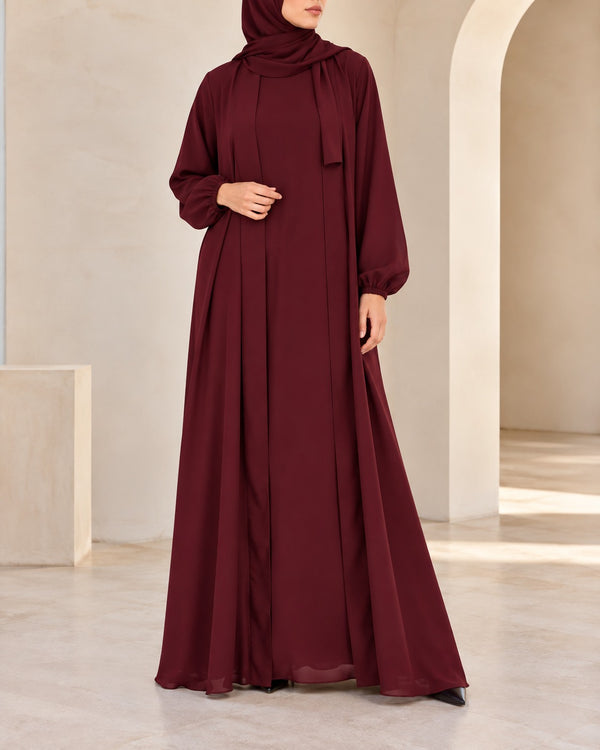 (4 piece)Inner Gown Abaya with scarf and belt - MEHROON
