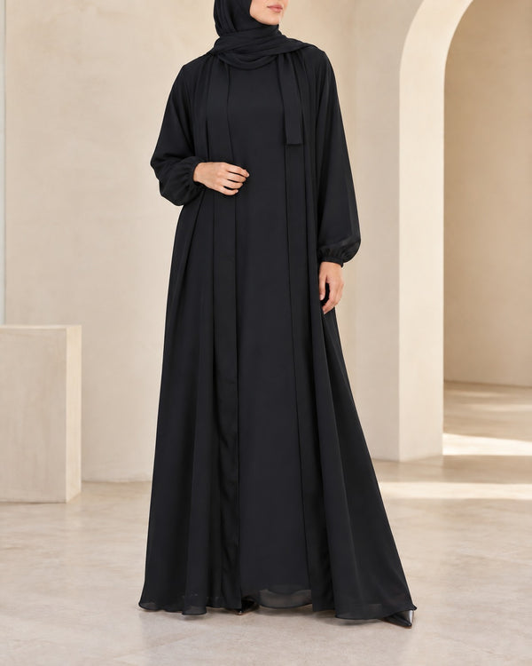 (4 piece)Inner Gown Abaya with scarf and belt -black