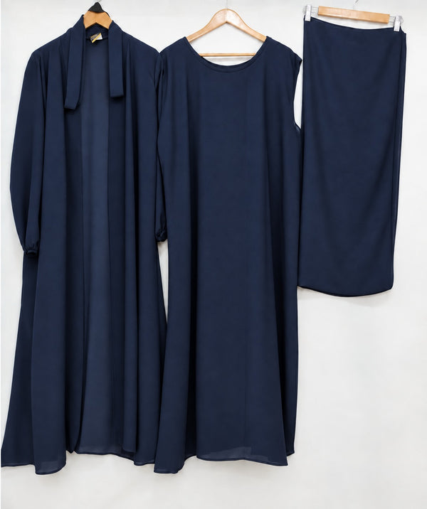 (4 piece)Inner Gown Abaya with scarf and belt -Navy blue