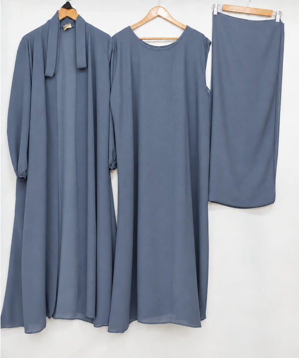 (4 piece)Inner Gown Abaya with scarf and belt -Grey