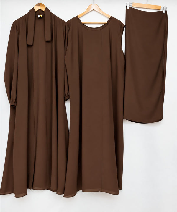 (4 piece)Inner Gown Abaya with scarf and belt -BROWN