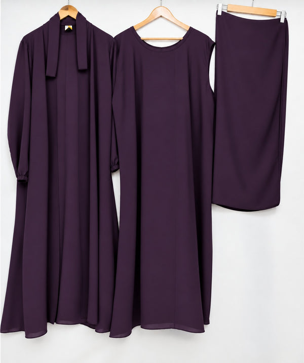 (4 piece)Inner Gown Abaya with scarf and belt -Purple