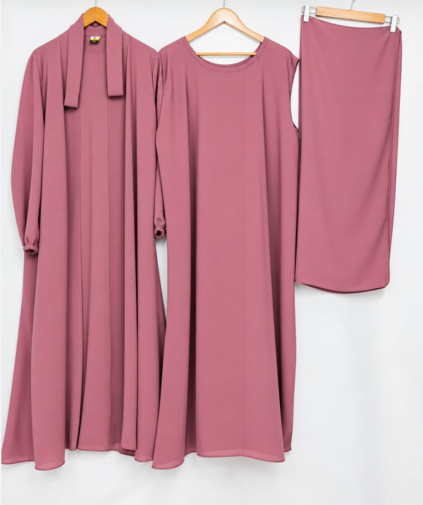 (4 piece)Inner Gown Abaya with scarf and belt -Tpink