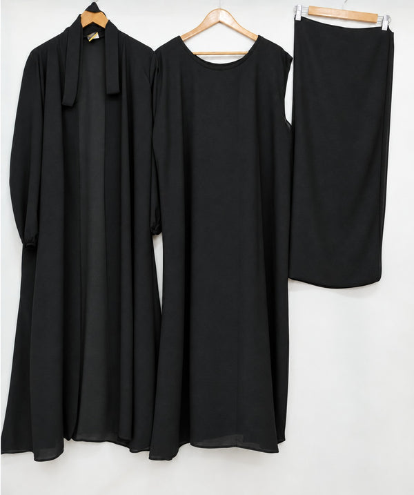 (4 piece)Inner Gown Abaya with scarf and belt -black