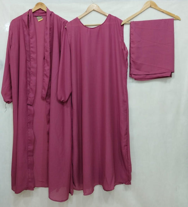(4 piece)Inner Gown Abaya with scarf and belt -Tpink