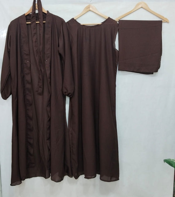 (4 piece)Inner Gown Abaya with scarf and belt -BROWN