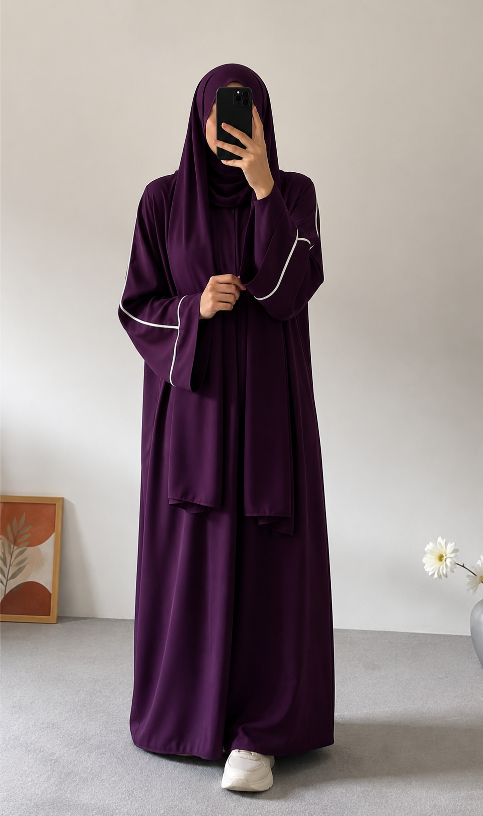 PLAIN ABAYA WITH WHITE LINEA - PURPLE