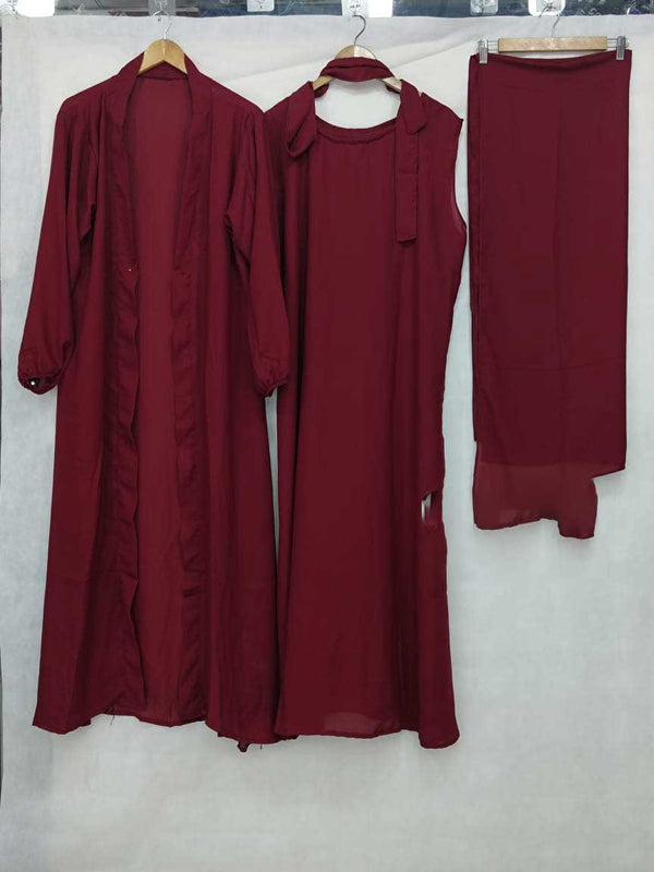 (4 piece)Inner Gown Abaya with scarf and belt - MEHROON