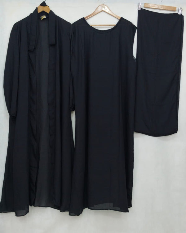 (4 piece)Inner Gown Abaya with scarf and belt -black