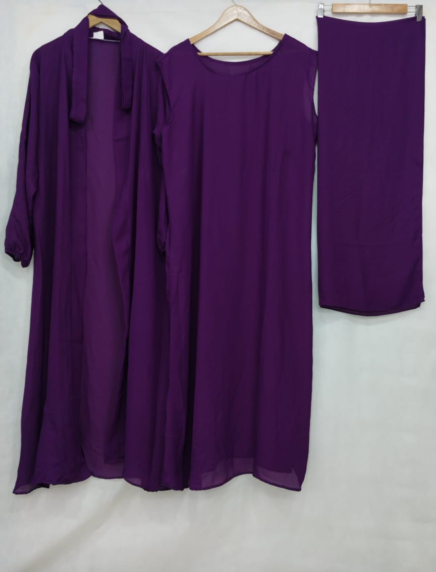 (4 piece)Inner Gown Abaya with scarf and belt -Purple