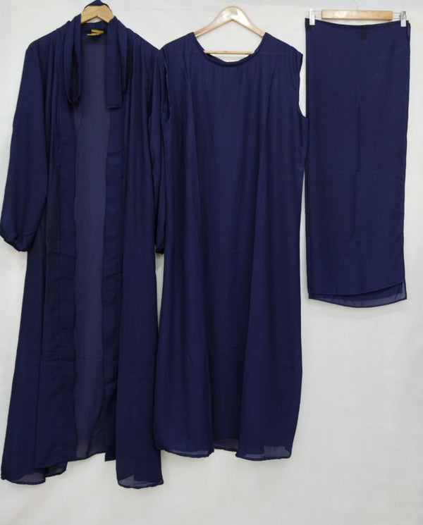 (4 piece)Inner Gown Abaya with scarf and belt -Navy blue