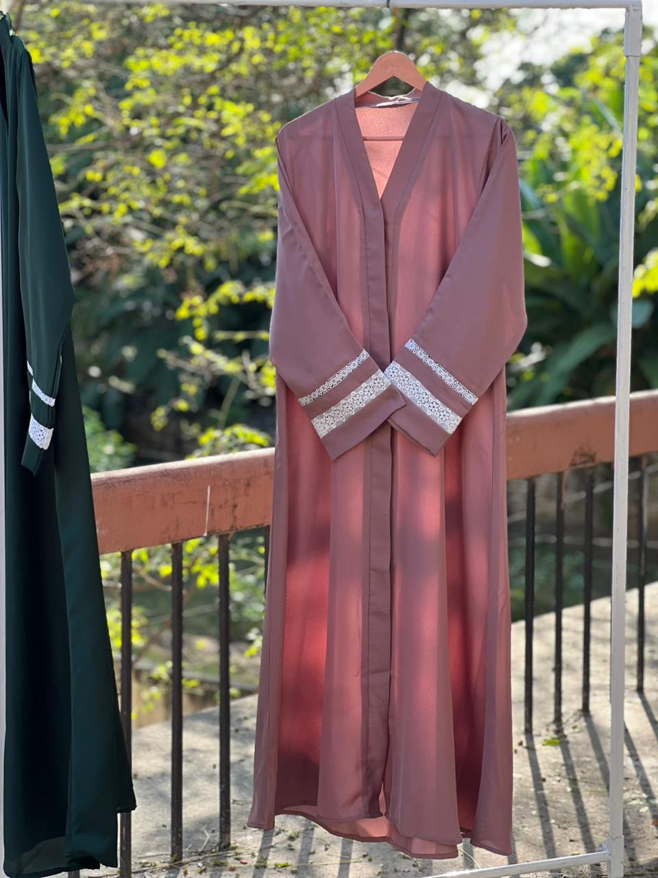 Lace Edit Front open Abaya - Tpink
