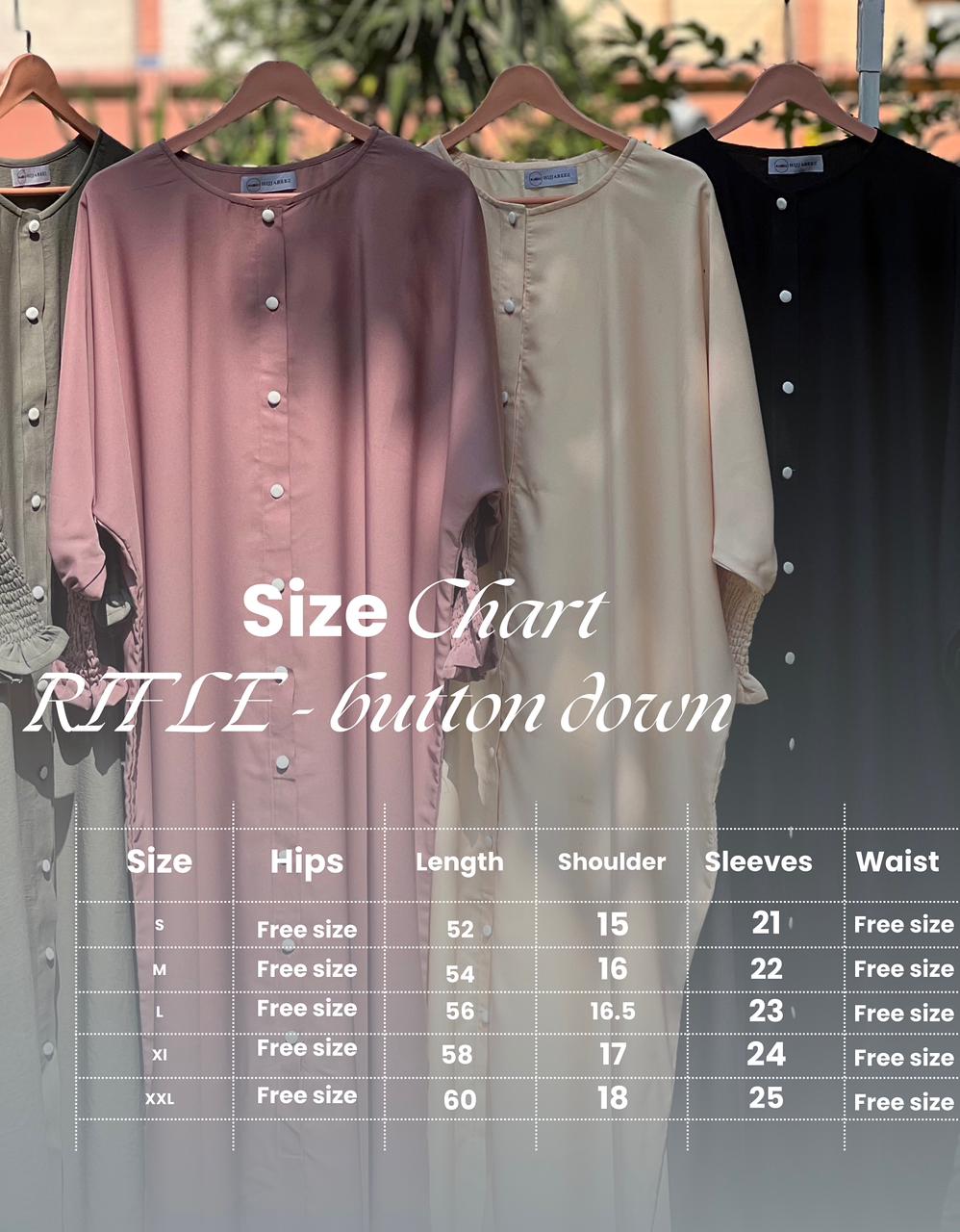 Rifle – Skin (The effortless Button-Down Abayah 🌸) size chart