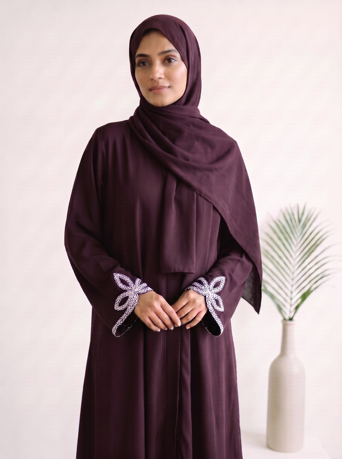 Leaf Cutwork Abayah - Dark Plum