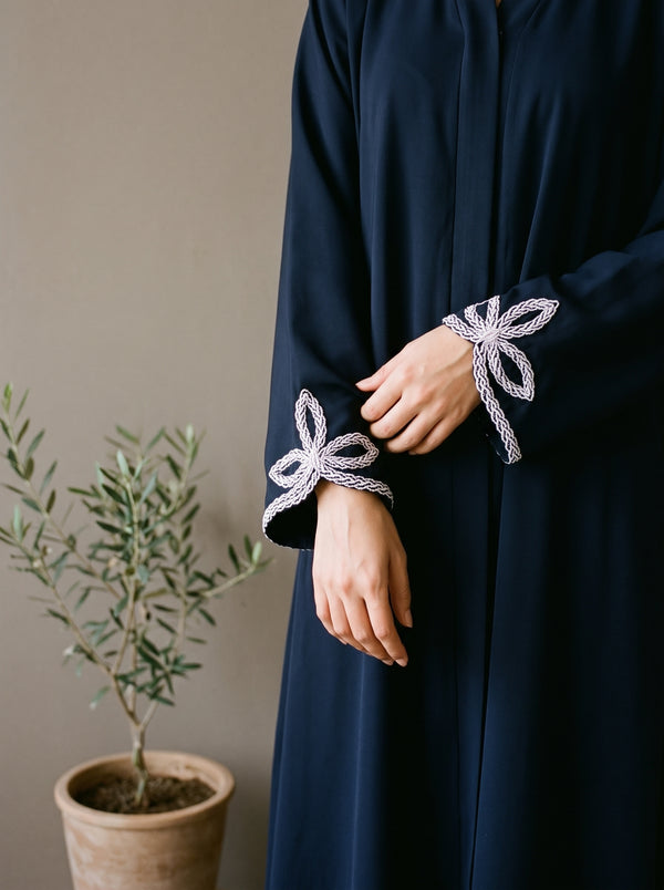 Leaf Cutwork Abayah - Tealish Blue