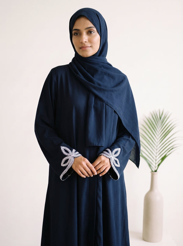 Leaf Cutwork Abayah - Tealish Blue